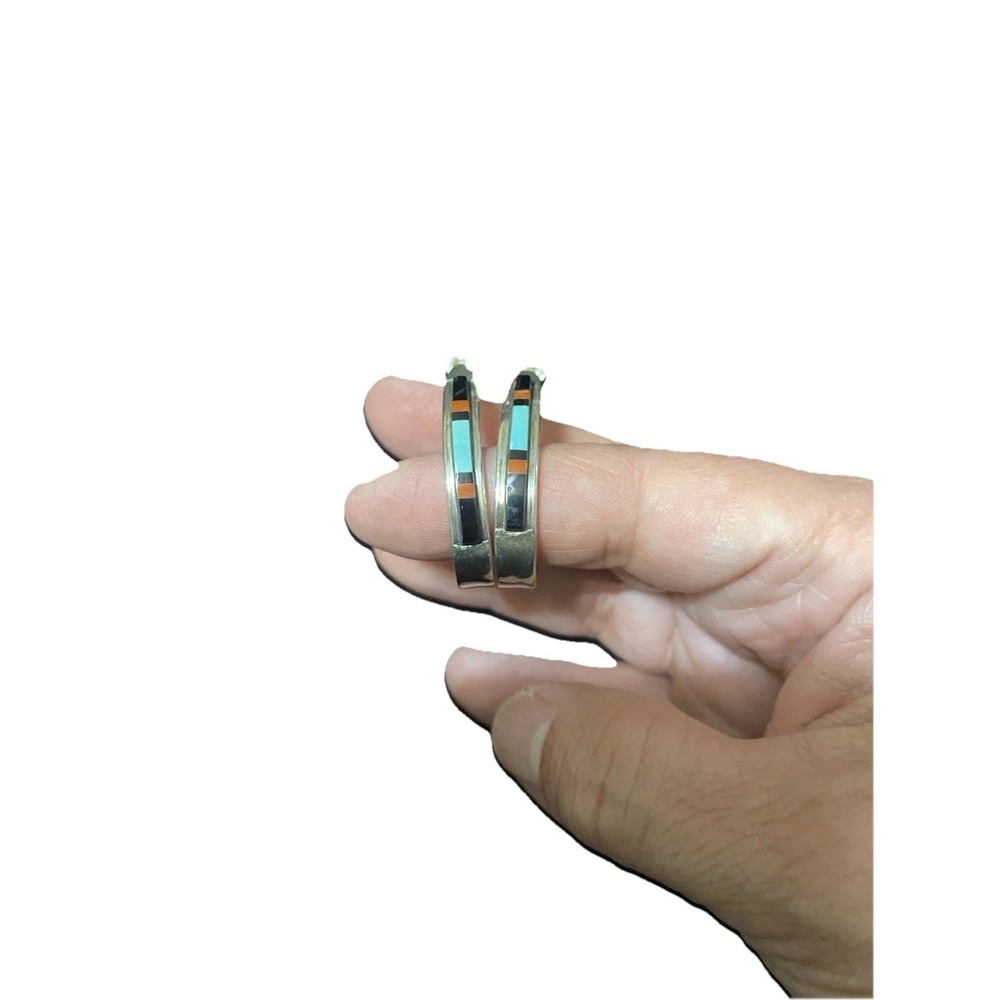 Native American Silver Zuni Style Multistone Inlay Half Hoop Earrings